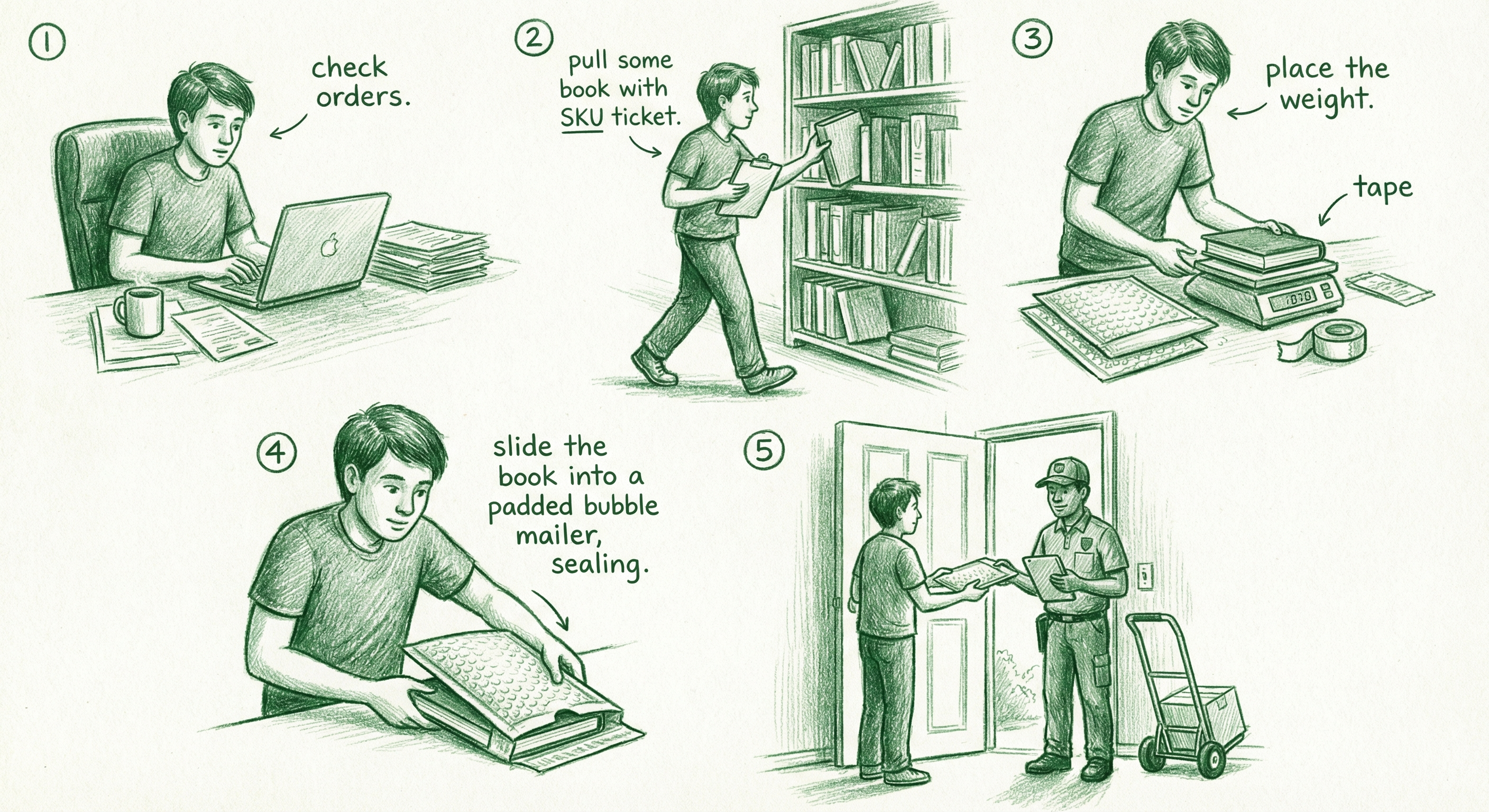 Daily MF fulfillment routine: check orders, pull by SKU, pack, hand off to UPS