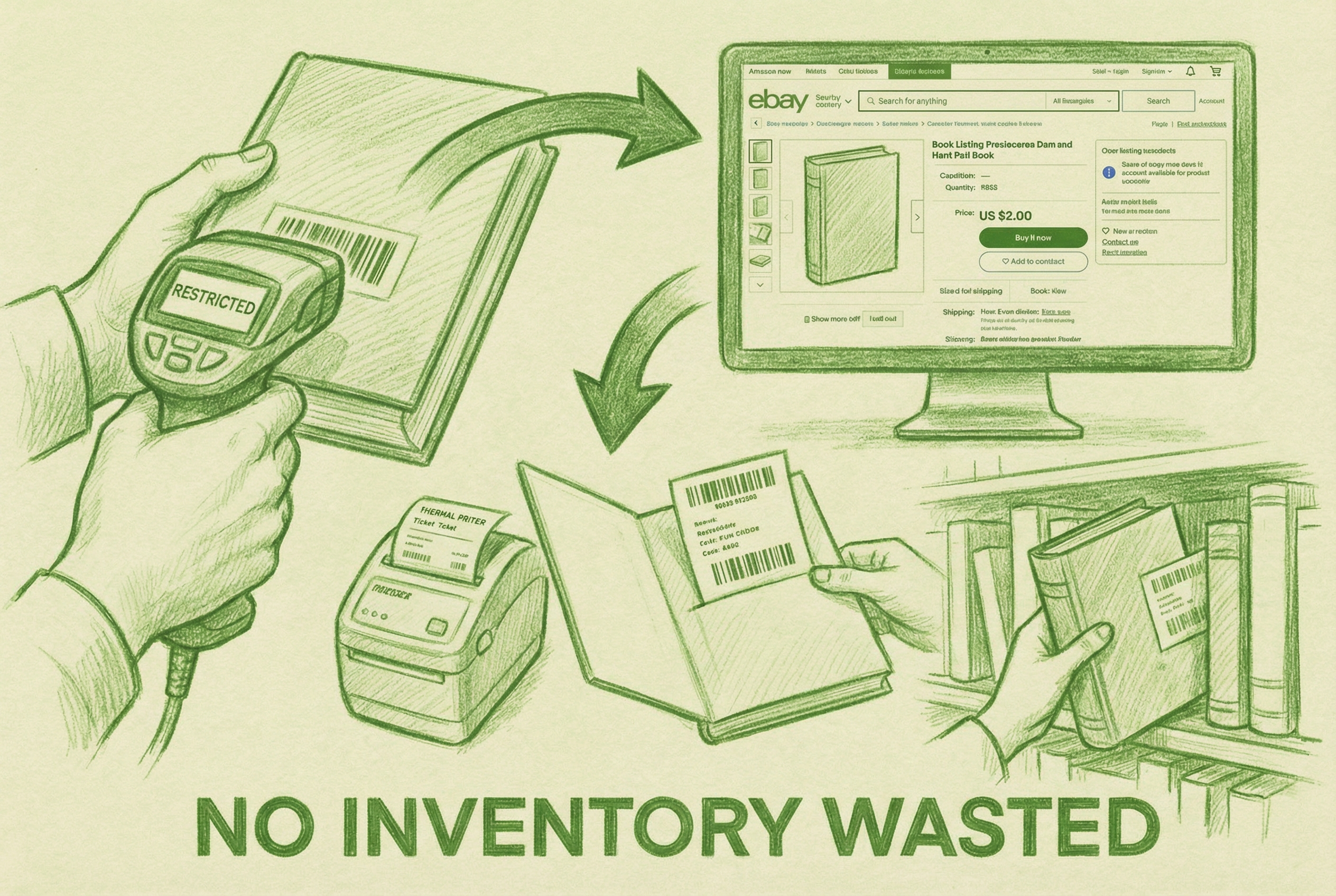 Restricted book scanning auto-routes to eBay listing, ticket prints, book gets shelved