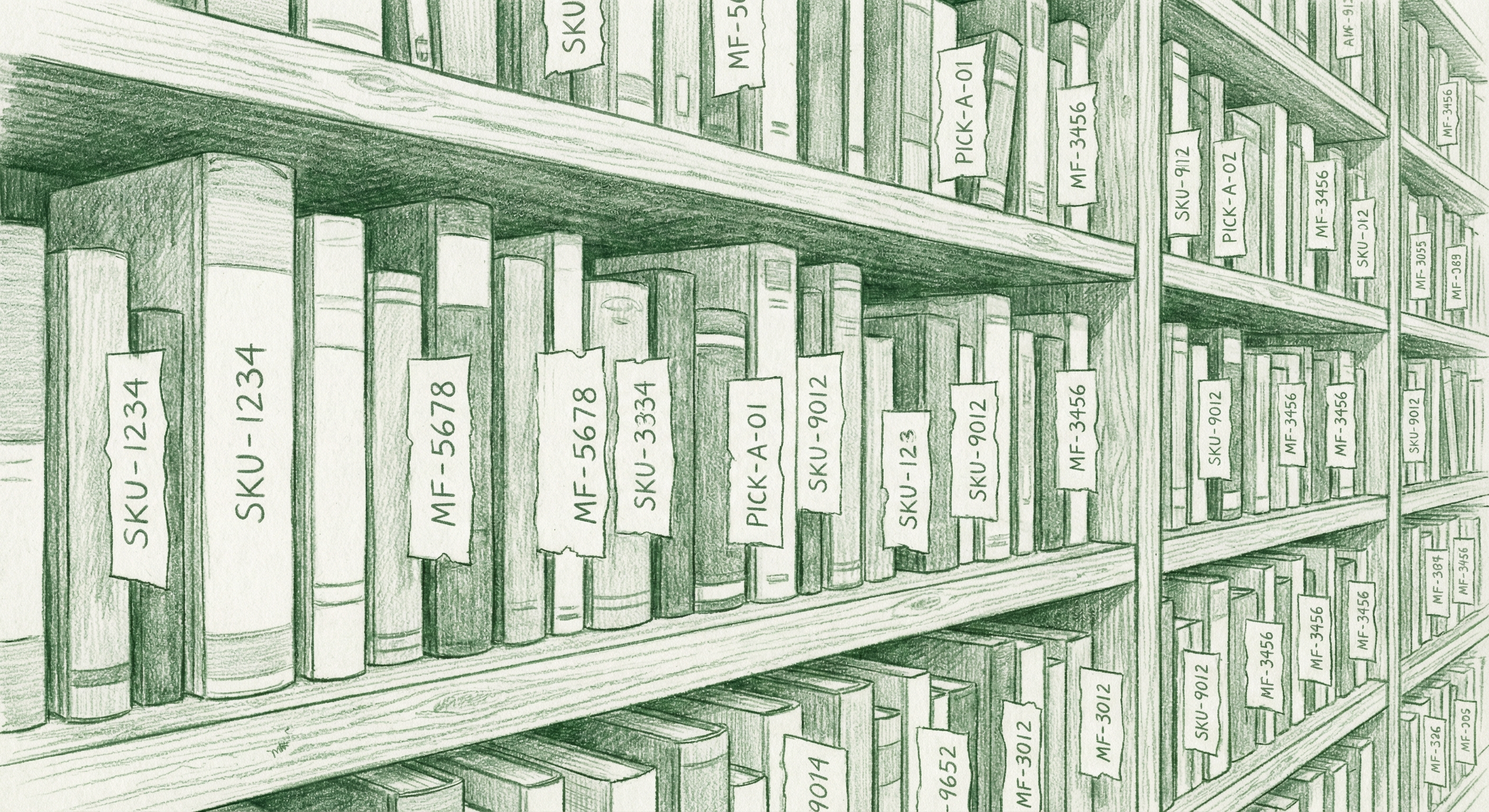 MF ticket system - bookshelf with SKU tickets visible on each book